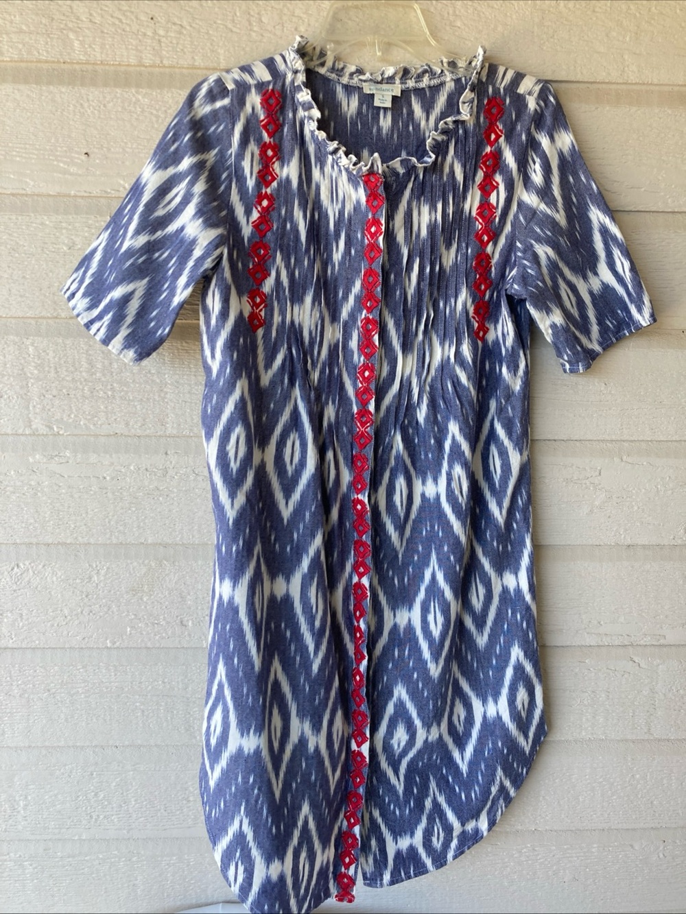 Sundance Blue and White Ikat Print Red Trim  Cotton Dress Women’s Size S